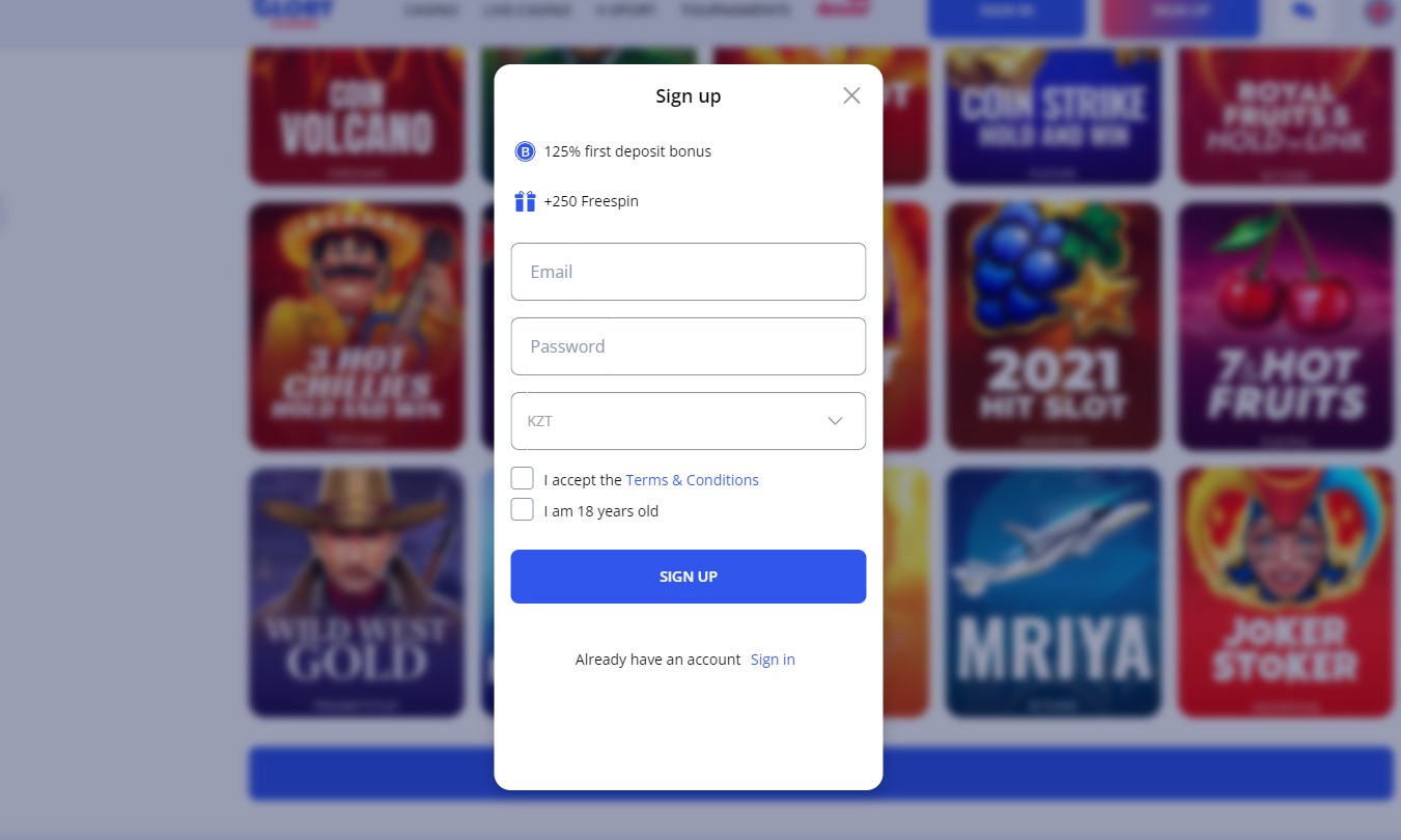 The screenshot of the simplified and user-friendly sign-up form, making it easy for new players to register and join the casino.